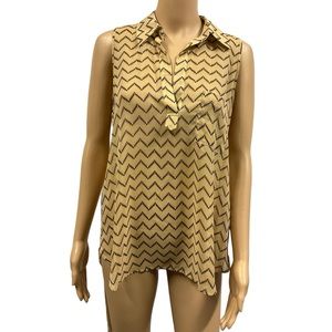 Pleione Sleeveless Semi Sheer Collared Pocket Geometric Print Blouse Womens S